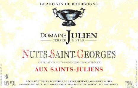 Bottle of 2016 Nuits St George Aux St Julien's, Domaine Gerard Julien, Burgundy, France - Caviste Wine