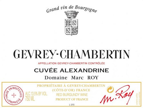 Bottle of 2016 Gevrey Chambertin Cuvee Alexandrine, Domaine Marc Roy, Burgundy, France - Caviste Wine