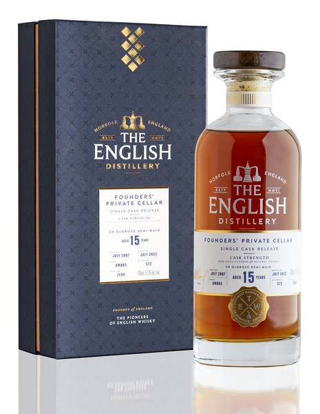The English 15-Year-Old Anniversary, Founders' Private Cellar Ex-Oloroso Demi-Muid, Single Malt Whisky, 57.6%
